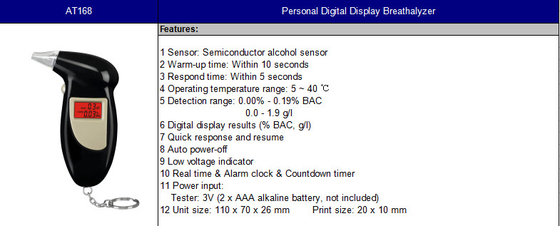 พวงกุญแจรถตำรวจ Bactrack แอลกอฮอล์ Breathalyzer พร้อมแบตเตอรี่อัลคาไลน์