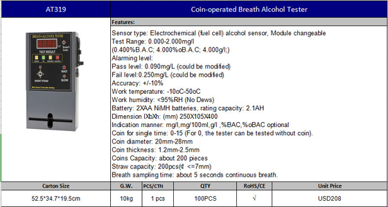 บาร์สถานที่สาธารณะแบบหยอดเหรียญ Breathalyzer เครื่องทดสอบแอลกอฮอล์พร้อมสัญญาณเตือนภัย